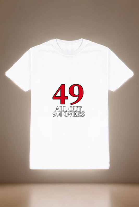 "49 ALL OUT | 9.4 OVERS" – Statement Cricket T-Shirt for CSK Fans to RCB fans