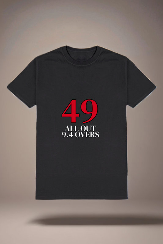 "49 ALL OUT | 9.4 OVERS" – Statement Cricket T-Shirt for CSK Fans to RCB fans